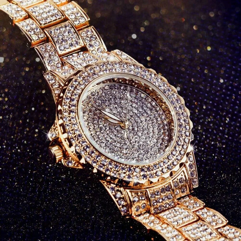 Women's Gold Crystal Rhinestone Diamond Stainless Steel Iced Out Wristwatch